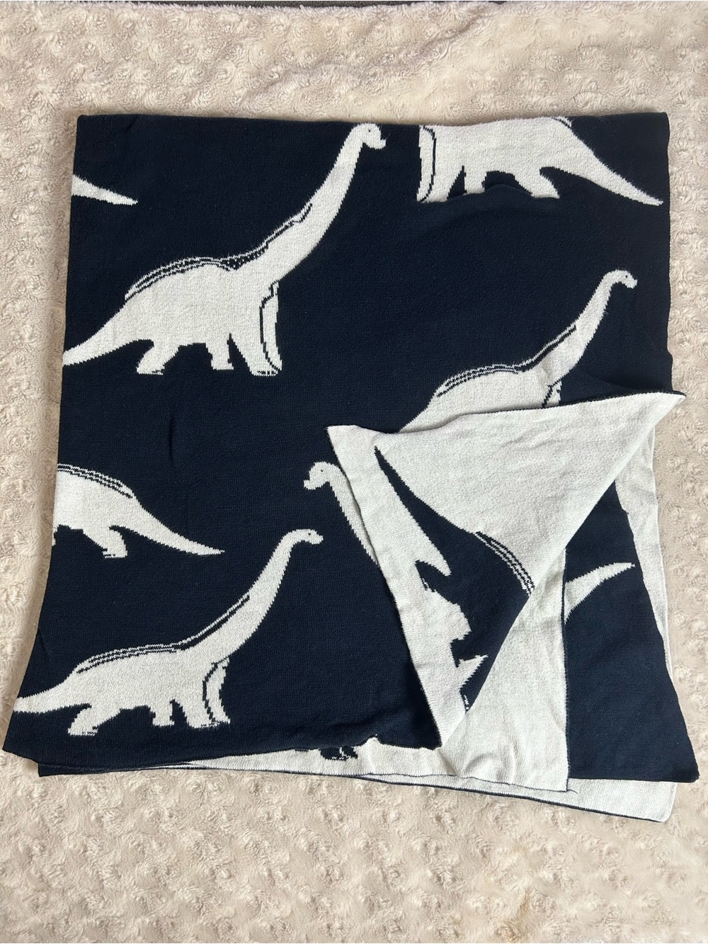 Made in India Dinosaur Baby Blanket Blue Off White Sweater Knit Lovey